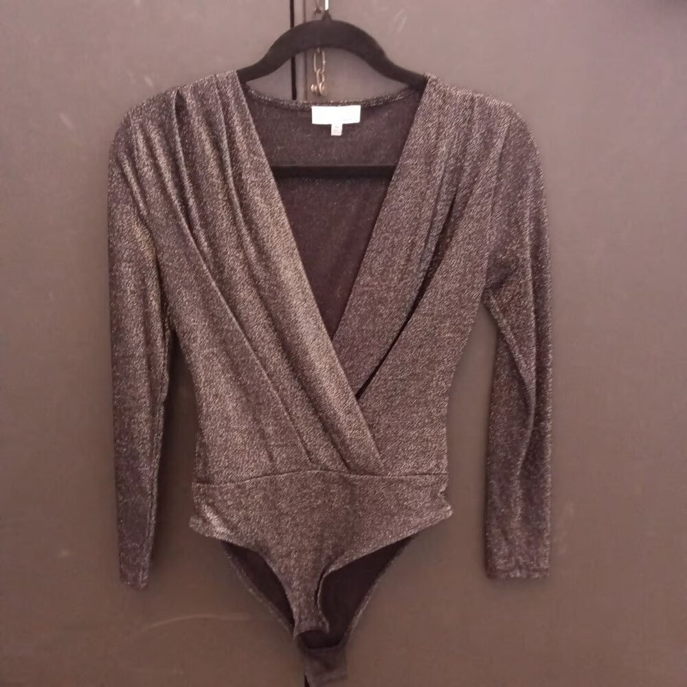 Women's Ted Sixty Sherman Black Silver Shimmer V-Neck Bodysuit - Size XS